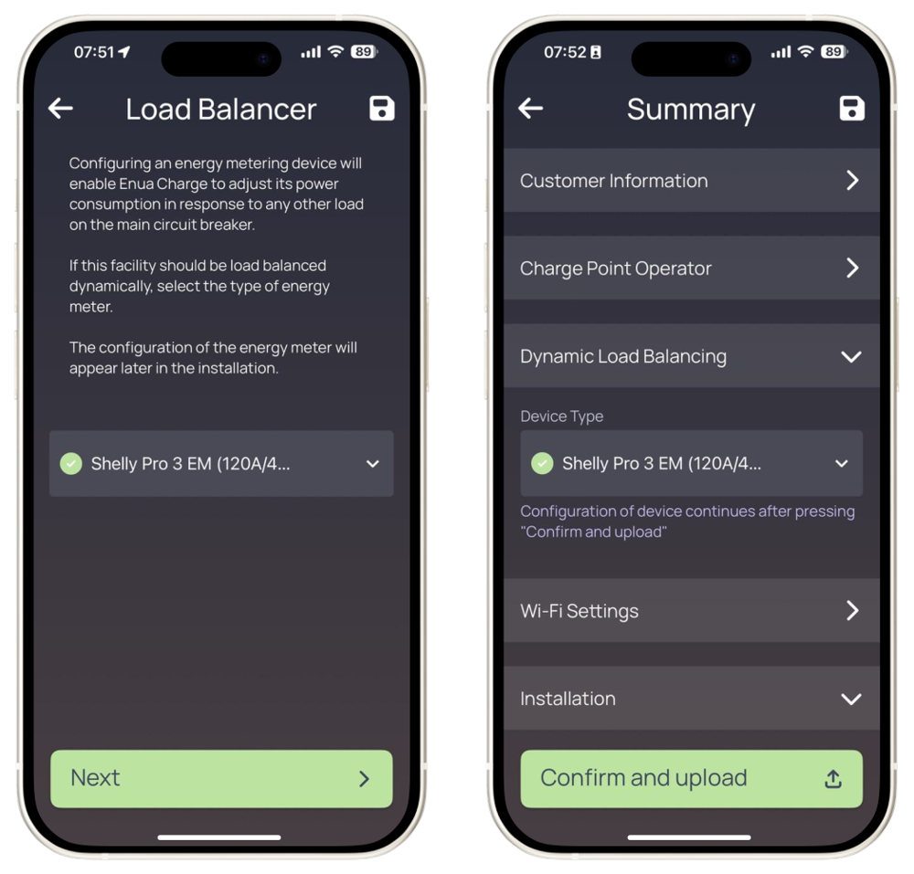 Valg af belastningsbalancer og bekræftelse af konfigurationen i Enua Installatør-app