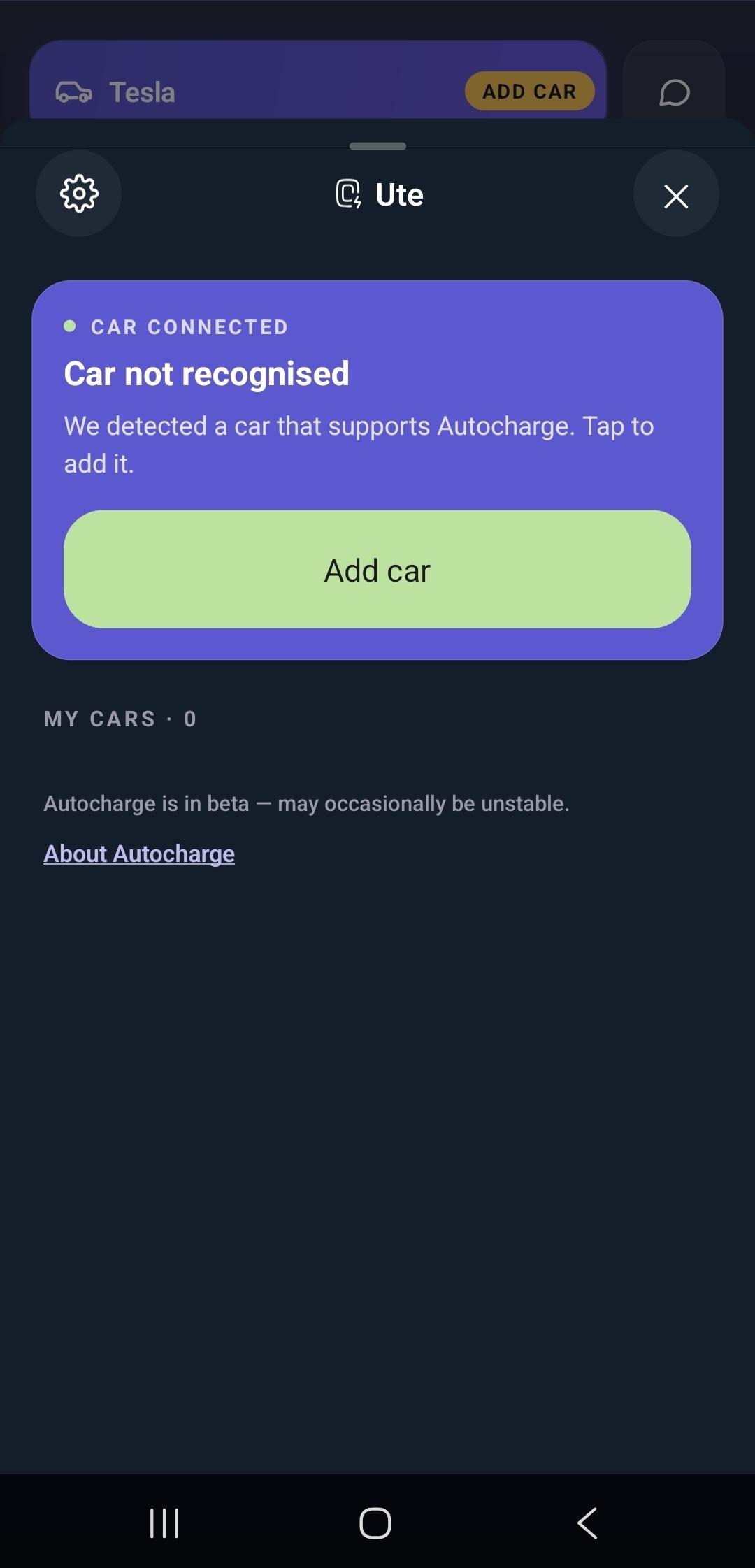 Autocharge-panelet, der viser "Bil ikke genkendt" med en "Tilføj bil"-knap