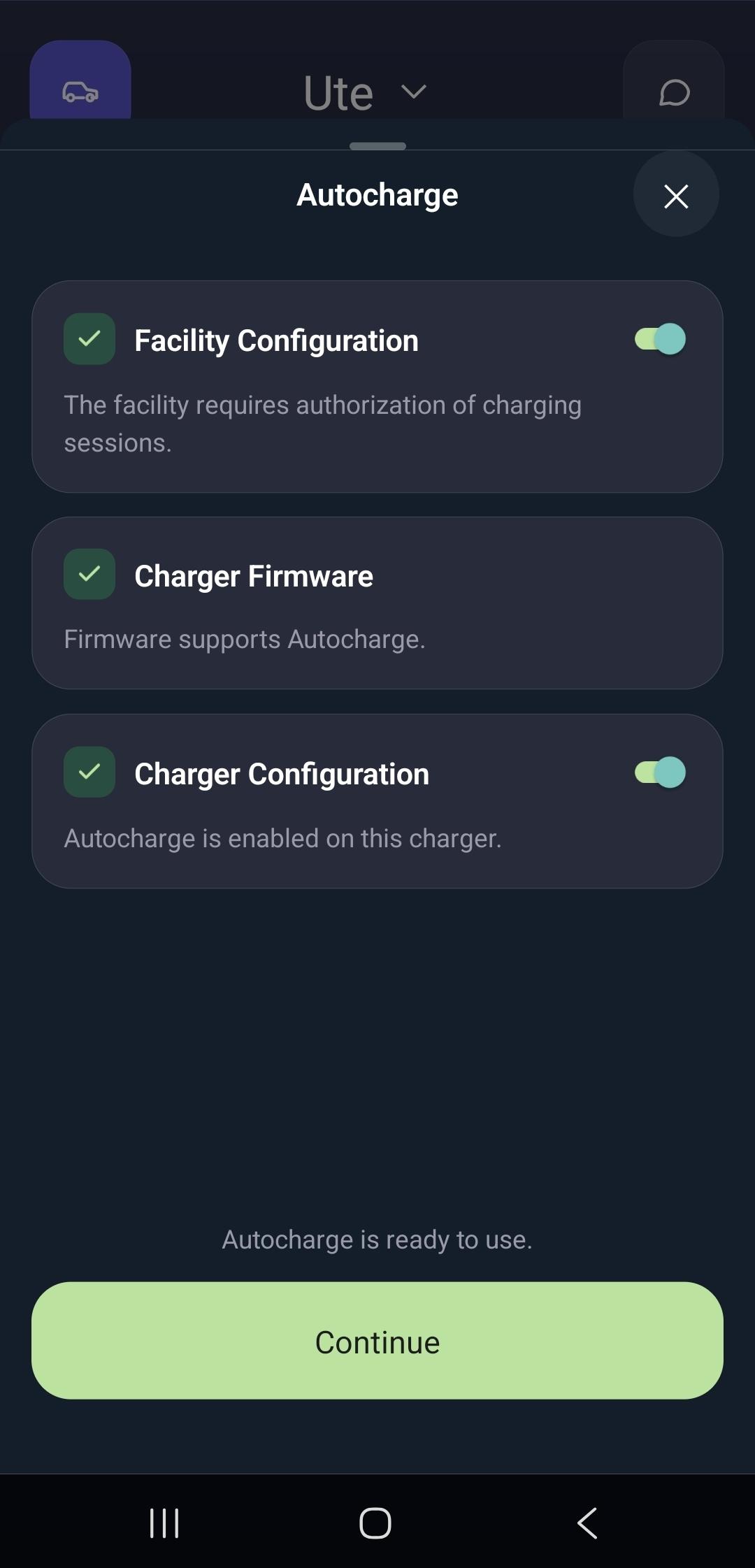 Tjekliste for Autocharge-parathed med Anlægskonfiguration, Laderens firmware og Laderkonfiguration alle afkrydset